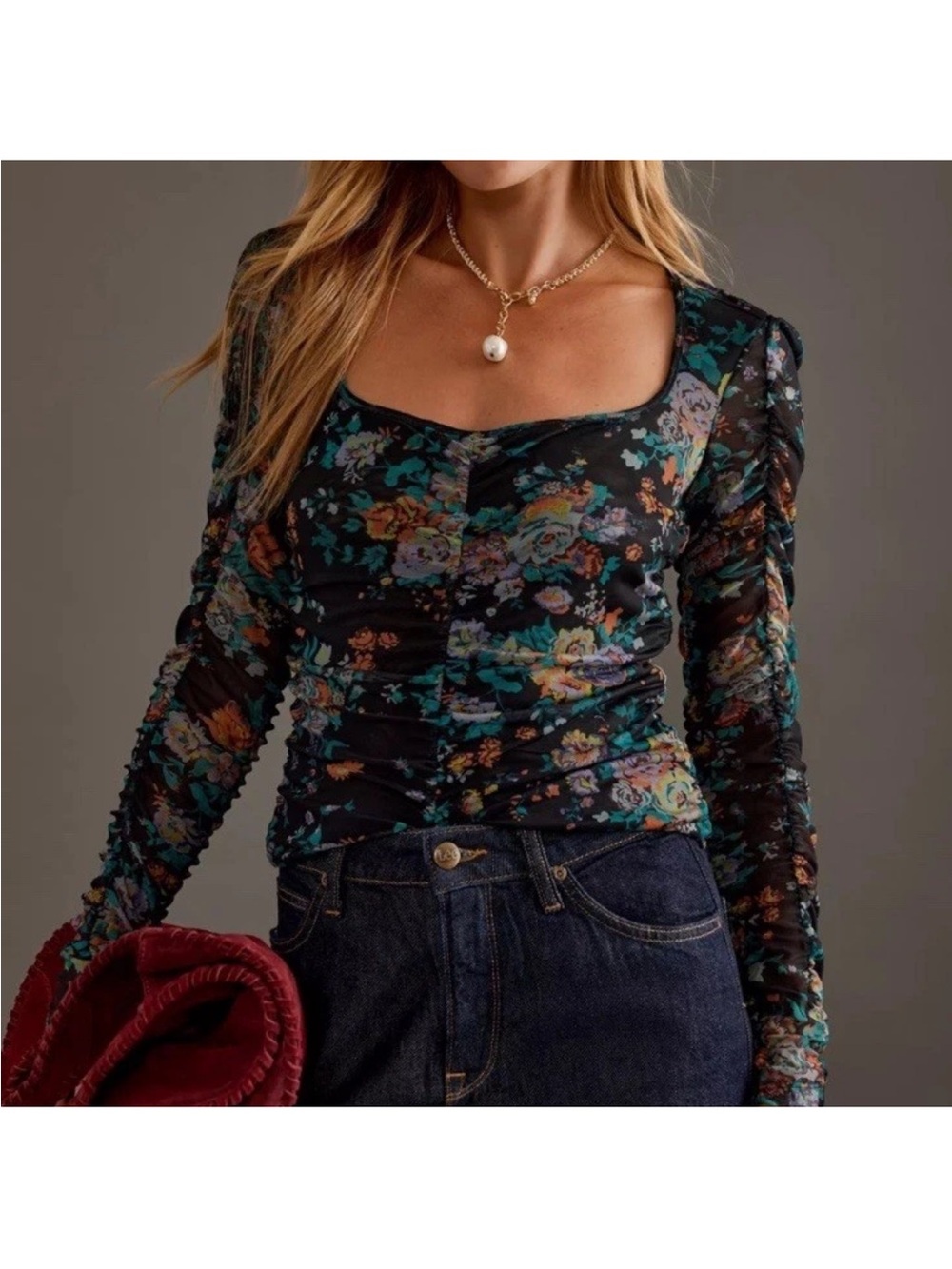 Anthropologie XS Top New NWT Long Sleeve Floral Ruched Mesh black Gorgeous RARE